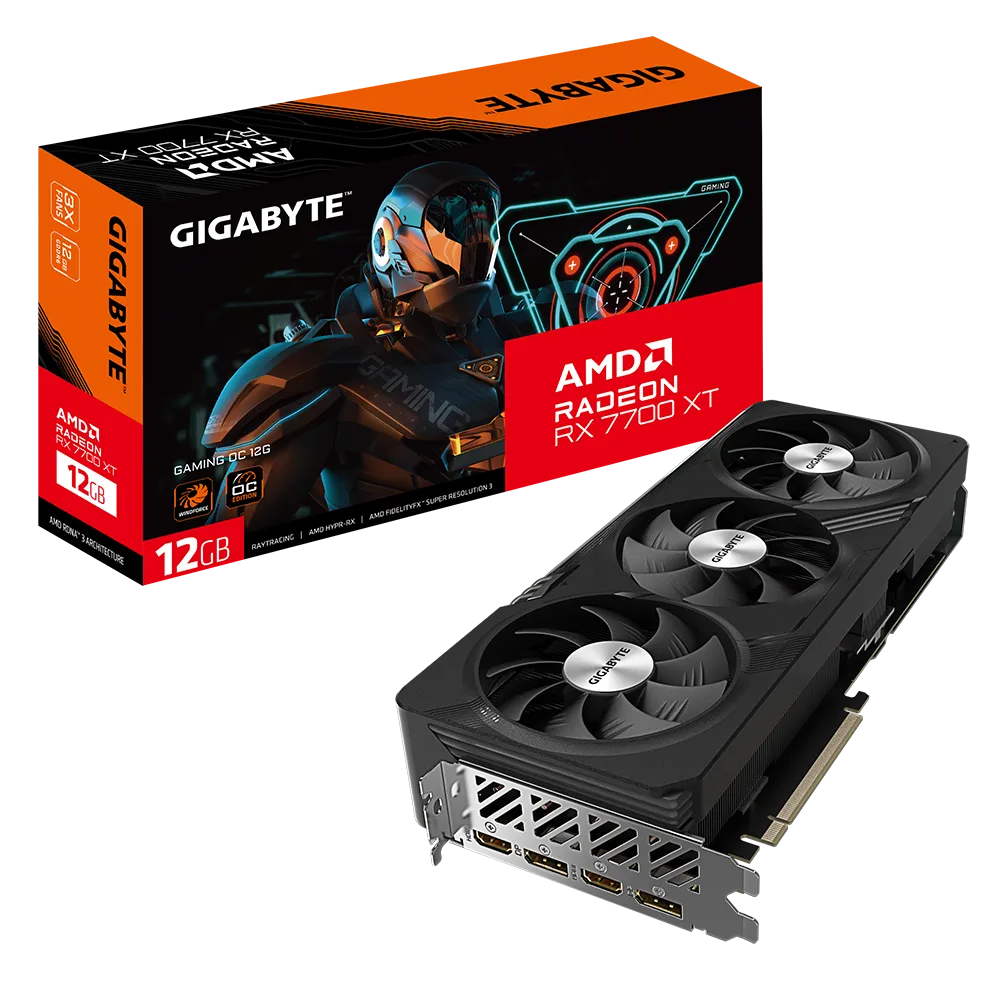 4719331314446 1 Placa de Video Gigabyte Radeon RX 7700 XT Gaming OC 12GB | GDDR6 | RDNA 3 | 165W | Triple Ventilador WINDFORCE | 2x HDMI / 2x DisplayPort