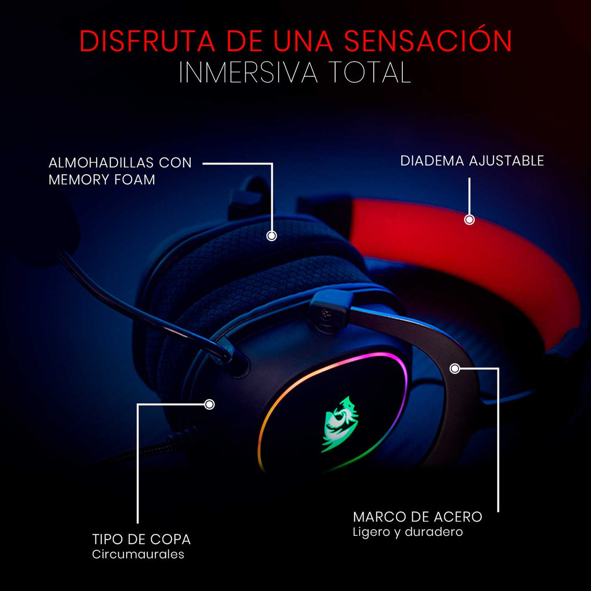 6950376705914 7 Auriculares Gamer | Redragon Zeus X H510-RGB | Negro | Sonido Envolvente 7.1 | Micrófono Extraíble | RGB | USB | PC y Consolas - Imagen 7