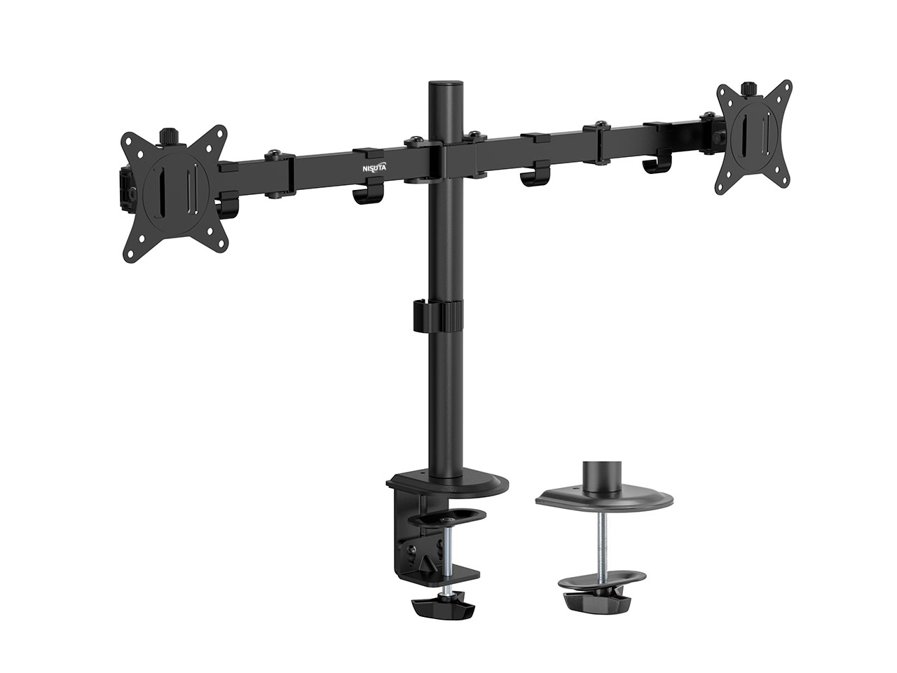 1 (1) Soporte Doble Monitor/TV Nisuta 17-32" Escritorio | 9kg c/u | VESA 75/100 | NSSOTVEB2