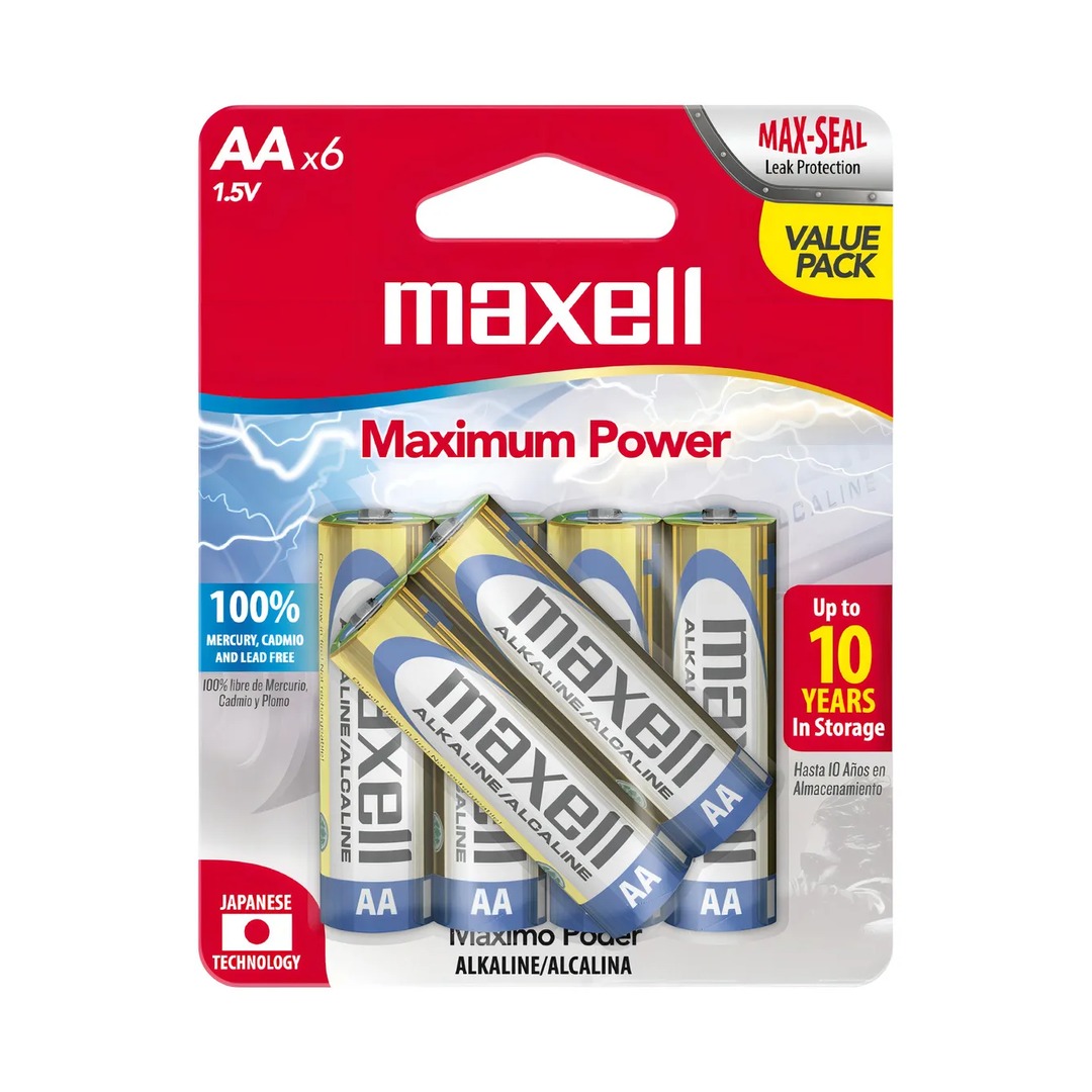maxell_aa6_2_1080 Pilas Maxell Alcalinas AA (LR6) 1.5V | Blister x6 (4+2) | Larga duración
