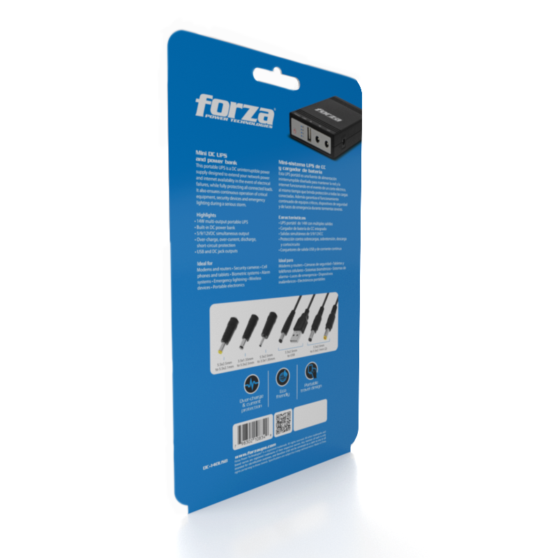 DC-140USB_Box_02 Mini UPS DC Forza DC-140USB 14W Power Bank USB 5V DC 9V/12V - Imagen 3