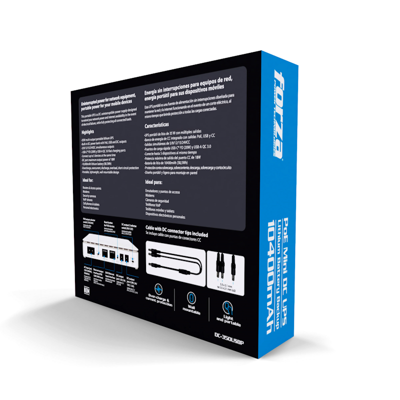 DC-350USBP_Box_02 Mini UPS PoE Forza DC-350USBP 35W 10400mAh USB-C PD 20W - Imagen 2