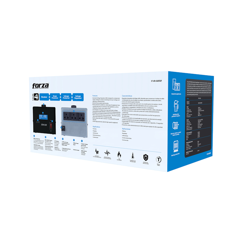 FVR-6002_Box_02 Estabilizador Forza FVR-6002 6000VA 3000W 220V | 3 Tomas NEMA Universal | AVR + LCD + 1200J - Imagen 7